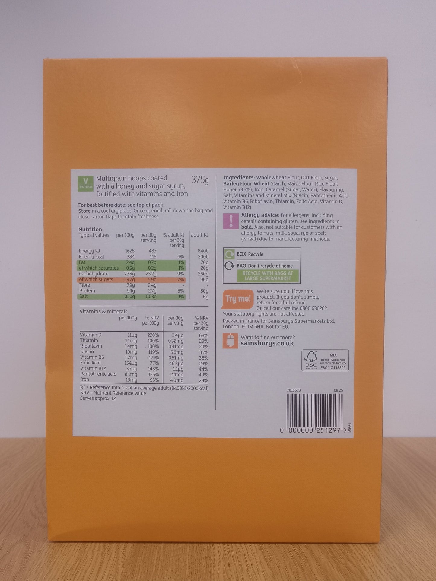 Sainsburys Multigrain Honey Hooplas 375g